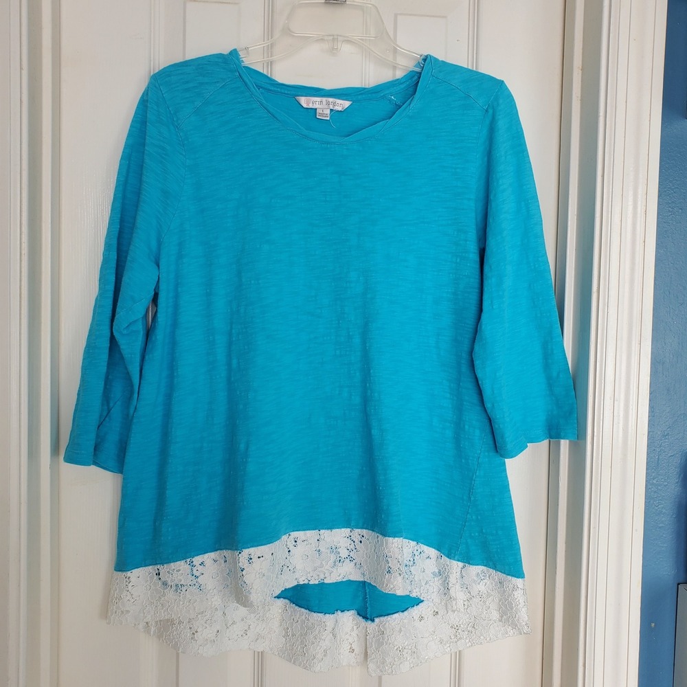 Erin London Womens Turquoise Blue Lace Trim High Low 3/4 Sleeve Cotton Top Large